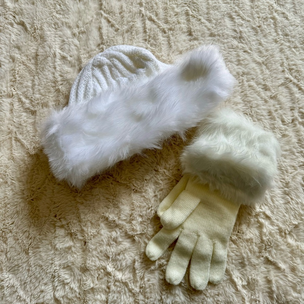 White Fuzzy Hat + Gloves Bundle